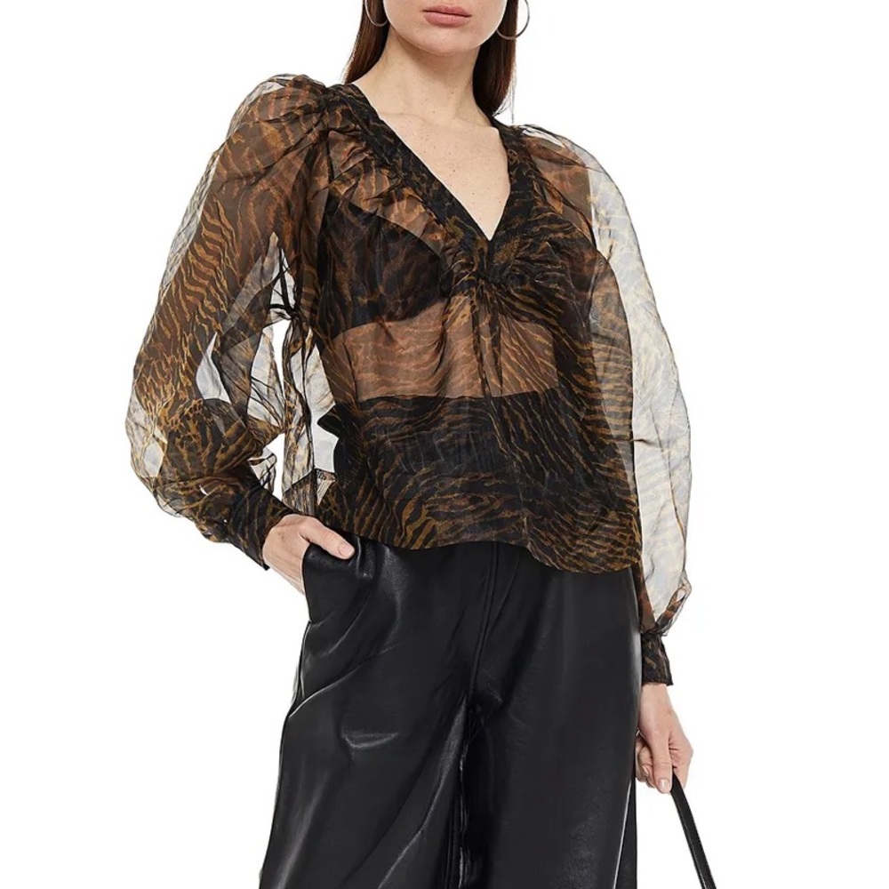 Ganni Sheer Zebra Print Blouse - Black and Brown